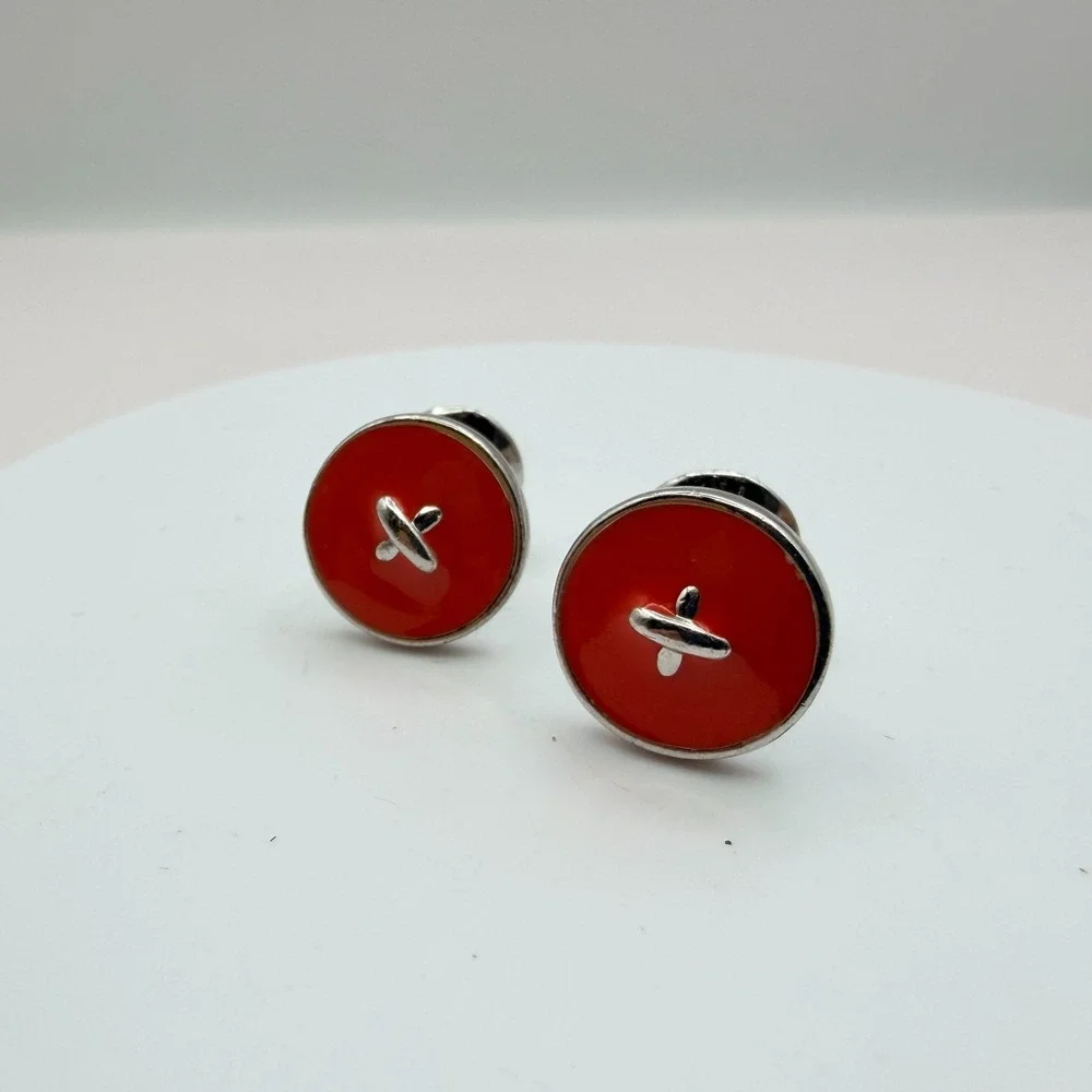 Vintage 90s Silver Tone Men Cufflink Stud Set Blue Red Enamel Jewelry